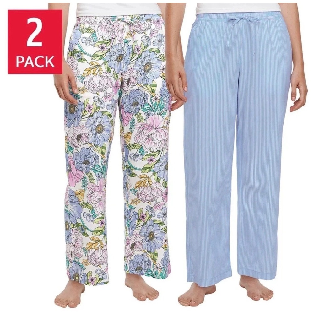 NEW Gap Womens 2-Pack Pajama Pants Blue Floral Pinstripe Cotton Loungewear •M•